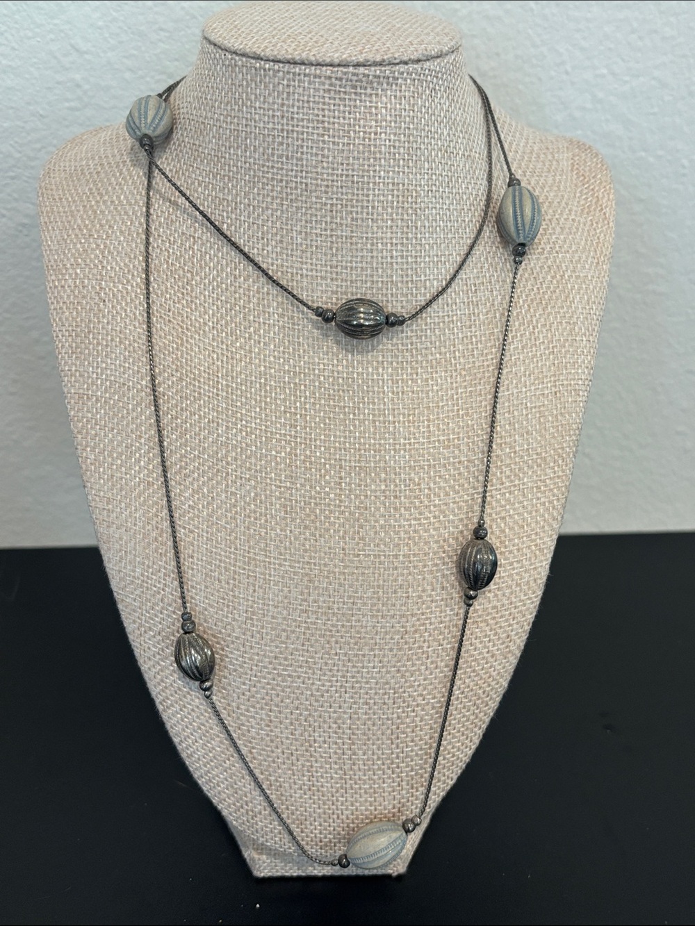 Vintage Silver-Tone Long Station Necklace | Fluted & Striped Oval Beads